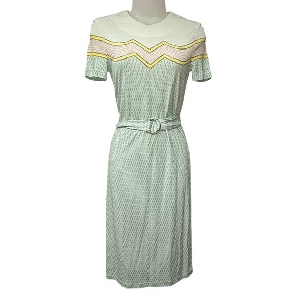 Tory Burch Kari Jersey Dress Size XS Stretchy Belted Green Chevron Geo Print - Picture 1 of 6